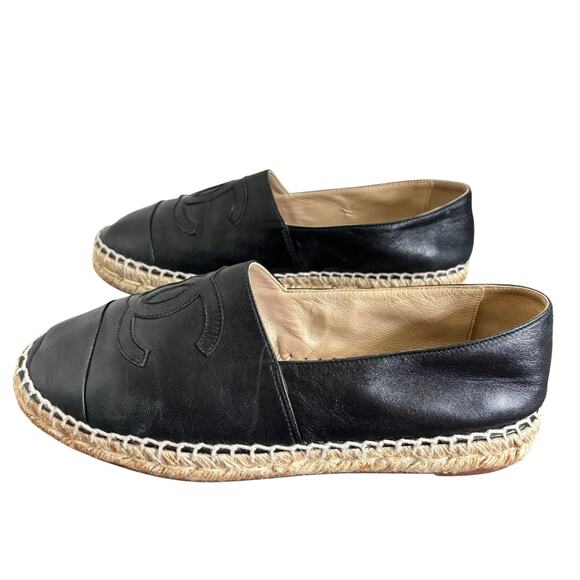 Chanel Interlocking CC Cap Toe Espadrille Shoes Black Leather Flats Size EU 38 - Picture 7 of 16